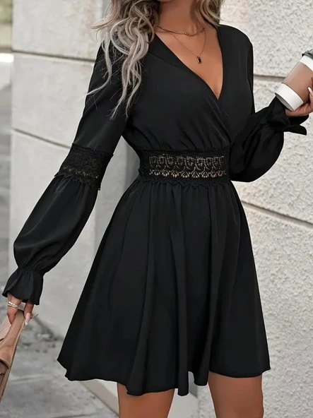 Kadın Uzun Kollu Kruvaze Yakalı Dantelli Fermuar Detaylı Kısa Ithal Krep Elbise - Resim 3