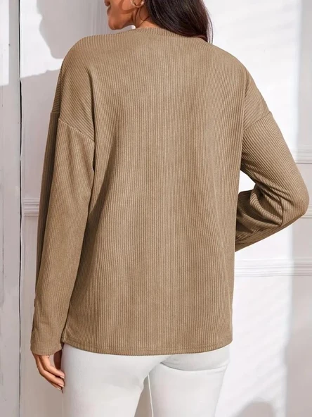 Kadın Uzun Kollu V Yakalı Düğmeli Salaş şardonlu Kaşkorse Bluz - Resim 4