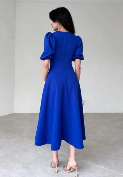 Kadın Kısa Balon Kollu Bisiklet Yaka Geniş Kesim Janjan Krep Elbise - Resim 2