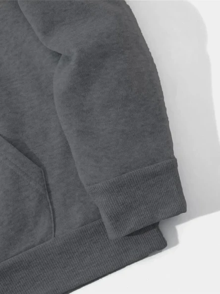 Erkek Düz Kapüşonlu Sweat - Füme - Resim 4