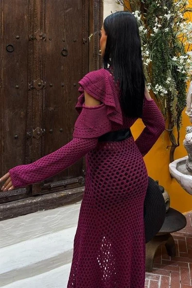 Saten Kuşaklı Ajurlu Triko Elbise 2847 - Resim 6