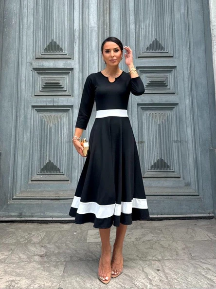 Kadın Truvakarkol Yakası Açık Blok Renkli Krep Midi Elbise ürün görseli