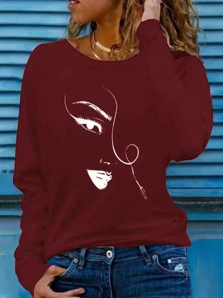 Kadın Uzun Kollu Bisiklet Yaka Yüz Desenli Viskon Bluz - Resim 3