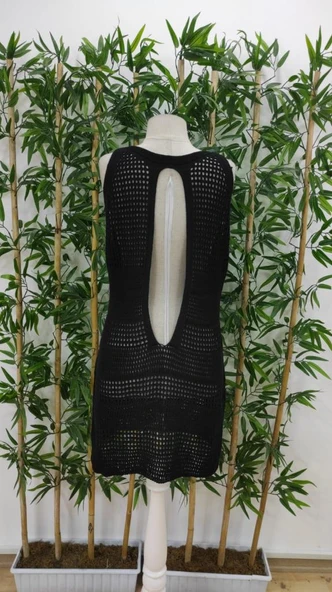 Kadın Kolsuz Derin Sırt Dekolteli Ajurlu Triko Pareo - Resim 7