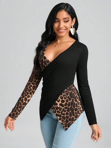 Kadın Uzun Kollu Kruvaze Yakalı Leopar Desen Detaylı Viskon Bluz - Resim 7