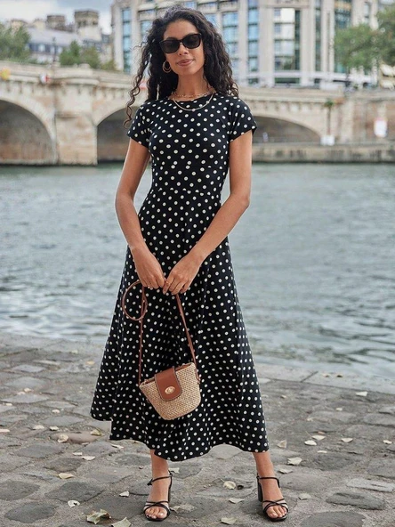 Kadın Kısa Kollu Bisiklet Yaka Puantiyeli Maksi örme Krep Elbise - Resim 8