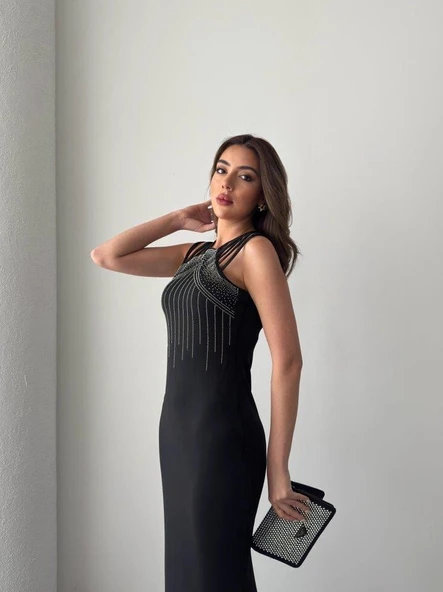 Kadın Omuz çoklu Askılı önü Taş Işlemeli Balık Kesim Janjan Krep Maxi Boy Elbise - Resim 5