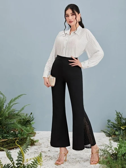 Kadın Yüksek Bel Yanları Tül Detaylı Dalgıç Tayt Pantolon - Resim 3