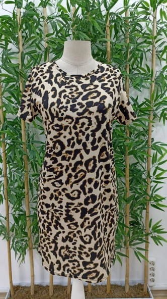 Kadın Kısa Kollu Bisiklet Yaka Dijital Baskılı Süprem Elbise - Resim 5