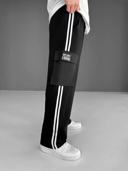 İki İplik Kumaş Kargo Cepli Şeritli Alt Esofman - Siyah - Resim 3