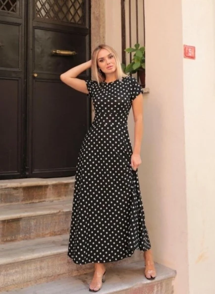 Kadın Kısa Kollu Bisiklet Yaka Puantiyeli Maksi örme Krep Elbise - Resim 2