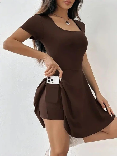 Kadın Kısa Kollu Kare Yaka Short Detaylı Cepli Dalgıç Elbise - Resim 2