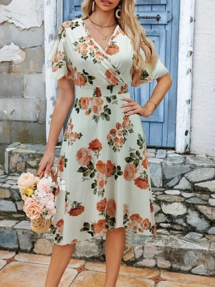 Kadın Kısa Kollu Kruvaze Yakalı Desenli Süprem Kısa Elbise ürün görseli