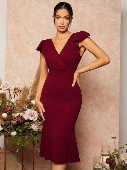 Kadın Kısa Kelebek Kollu Kruvaze Yaka Ithal Krep Midi Elbise - Resim 2