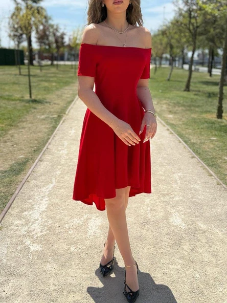 Kadın Kısa Kollu Madonna Yaka önü Kısa Arkası Uzun Ithal Krep Elbise - Resim 3