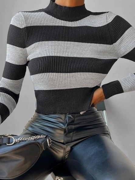 Kadın Uzun Kollu çizgi Detay Triko Bluz - Resim 3