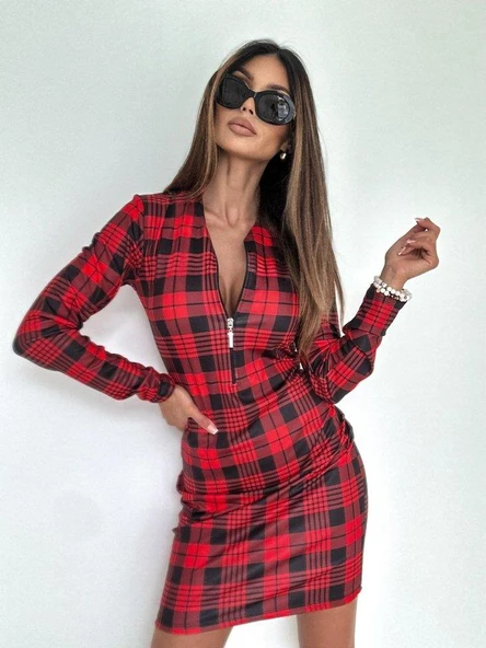 Kadın Uzun Kollu Fermuarlı Ekose Baskılı Dalgıç Elbise - Resim 6