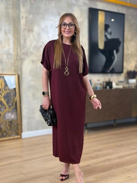 Kadın Kısa Kollu Bisiklet Yaka Omuzdan Düğmeli Uzun Viskon Iki Iplik Elbise - Resim 5