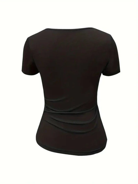 Kadın Kısa Kollu Yakası Açık Lazer Kesik Detaylı Viskon Bluz - Resim 6