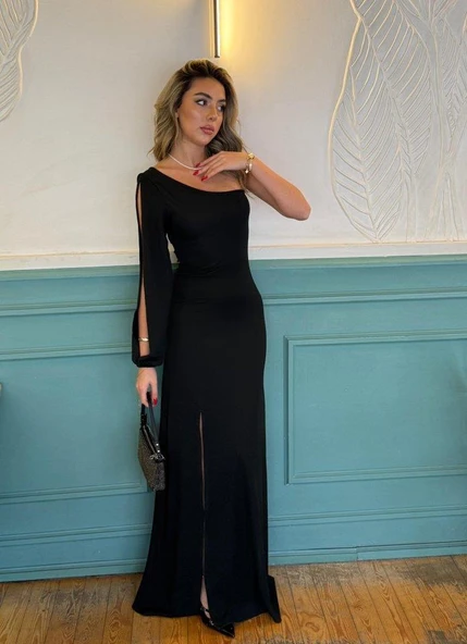 Tek Omuz Açık Derin Yırtmaçlı Krep Tam Boy Elbise - Resim 4