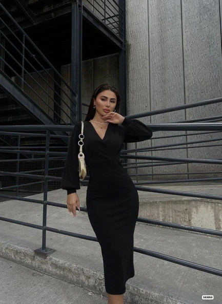 Kadın Uzun Kollu Kruvaze Yaka Büzgü Ve Balon Kol Detay Krep Kumaş Maxi Boy Elbise - Resim 3