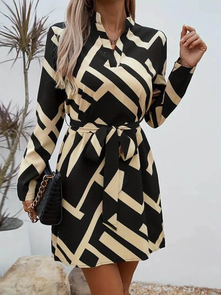 Kadın Uzun Kollu V Yakalı Desenli Belinde Kuşaklı Dalgıç Elbise - Resim 5