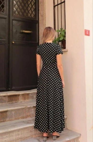 Kadın Kısa Kollu Bisiklet Yaka Puantiyeli Maksi örme Krep Elbise - Resim 6