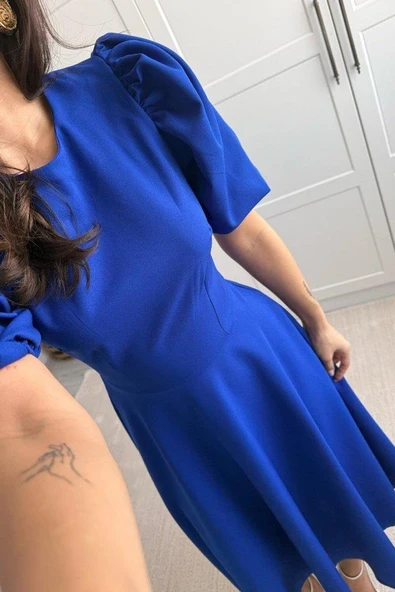 Kadın Kısa Balon Kollu Bisiklet Yaka Geniş Kesim Janjan Krep Elbise - Resim 8