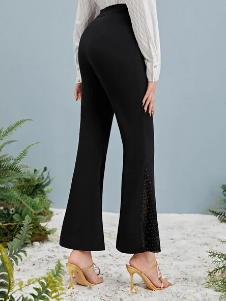 Kadın Yüksek Bel Yanları Tül Detaylı Dalgıç Tayt Pantolon - Resim 2