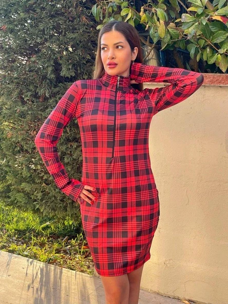 Kadın Uzun Kollu Fermuarlı Ekose Baskılı Dalgıç Elbise - Resim 2