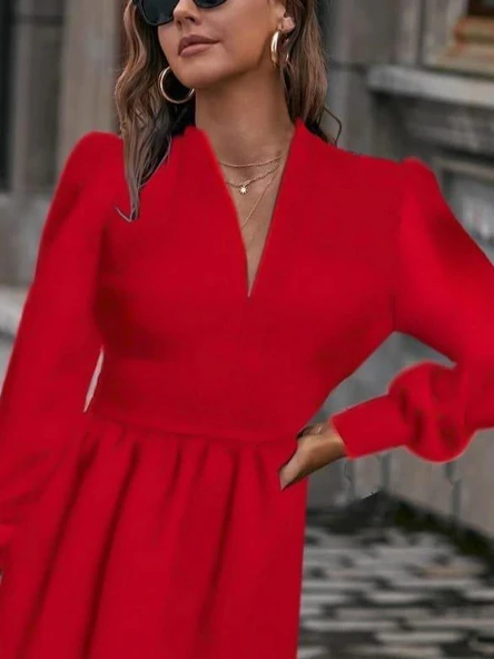 Kadın Uzun Kollu V Yaka Belden Hafif Pileli Scuba Krep Mini Boy Elbise - Resim 2