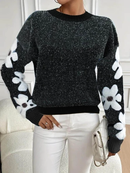 Kadın Uzun Kollu Bisiklet Yaka çiçek Desenli Triko Bluz ürün görseli