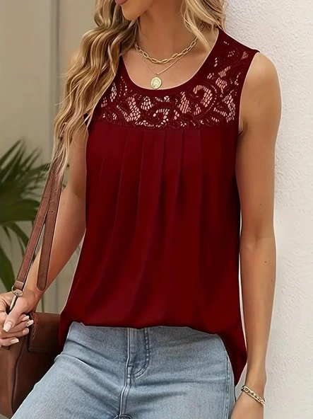 Kadın Askılı Yuvarlak Yaka Dantel Detaylı Viskon Bluz ürün görseli