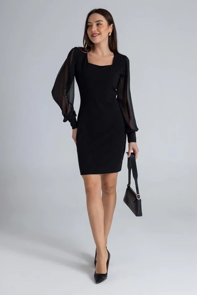 Kadın Kare Yaka Kolları Tül Sandy Kumaş Fırsat ürün Mini Siyah Elbise - Resim 3