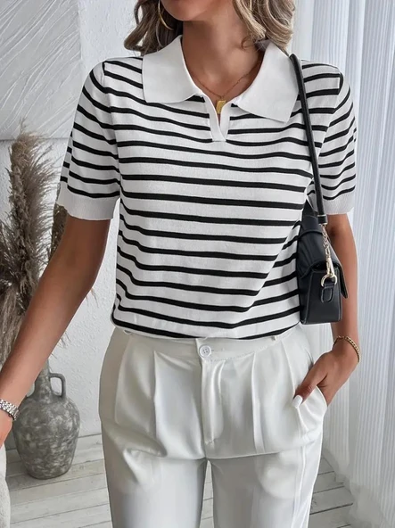Kadın Kısa Kol Polo Yaka çizgi Desen Triko Bluz - Resim 3