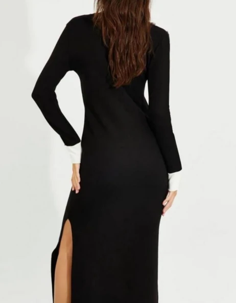 Kadın V Yaka Şerit Detaylı Çift Yırtmaçlı Elbise - Resim 3