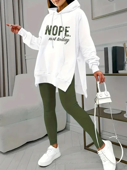 Kadın Uzun Kollu Kapşonlu Bağcıklı Viskon Iki Iplik Sweat - Resim 2