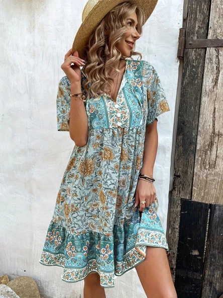 Kadın Kısa Kollu Yakası Bağcıklı önden Düğmeli Fırfır Desenli Süprem Elbise - Resim 3