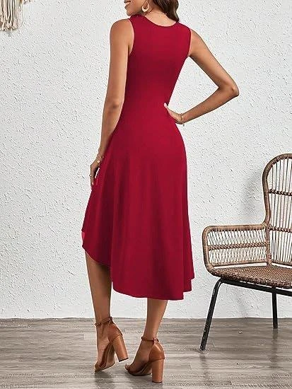 Kadın Sıfır Kollu Bisiklet Yaka Büzgülü Asimetrik Kesim Detaylı Janjan Krep Elbise - Resim 7