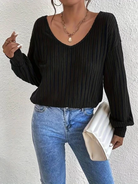 Kadın Uzun Kollu V Yakalı Pencere Sırt Dantel Detaylı Kalın Fitilli Kaşkorse Bluz - Resim 2