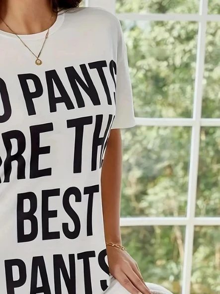 Kadın Kısa Kollu Yazı Baskılı Basic Mini Elbise - Resim 4