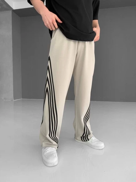 İki İplik Kumaş Şeritli Alt Esofman - Bej ürün görseli