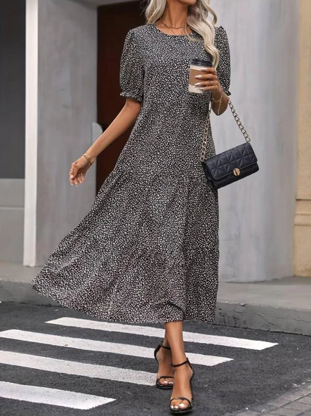 Kadın Mini Leopar Desen Midi üç Kat Elbise - Resim 5