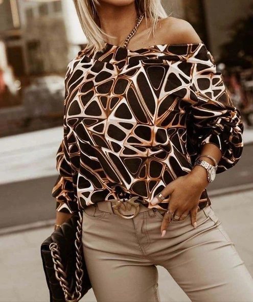 Kadın Uzun Kollu V Yaka Düşük Omuz Geometrik Desen şardonlu Dalgıç Bluz - Resim 2