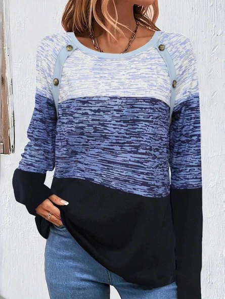 Kadın Uzun Kollu Yuvarlak Yaka Baskılı Düğme Detay Süprem Bluz - Resim 4