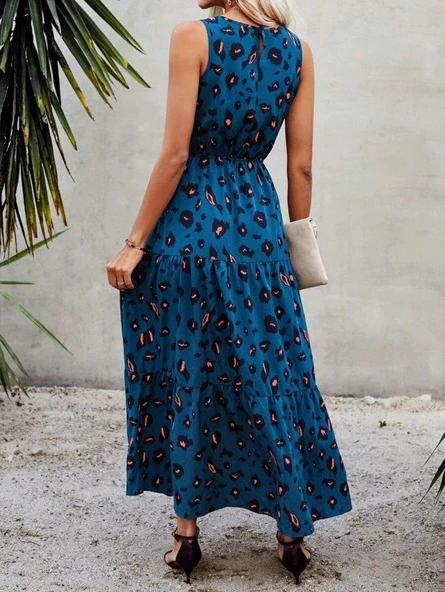 Kadın Kolsuz Bisiklet Yaka Beli Lastikli Desenli Süprem Elbise - Resim 4