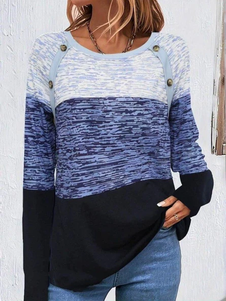 Kadın Uzun Kollu Yuvarlak Yaka Baskılı Düğme Detay Süprem Bluz - Resim 2