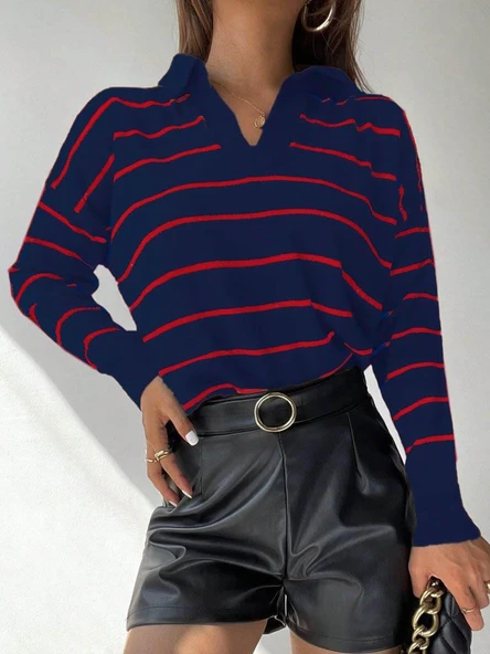 Kadın Uzun Kollu V Yaka çizgili Triko Bluz - Resim 3