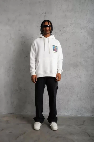 Erkek Patel Six Baskılı Kapüşonlu Sweat - Beyaz - Resim 3