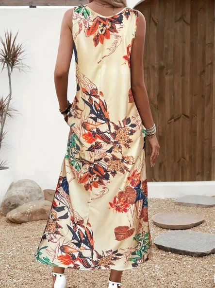 Kadın Askılı Yuvarlak Yaka Cepli Desenli Süprem Elbise - Resim 3